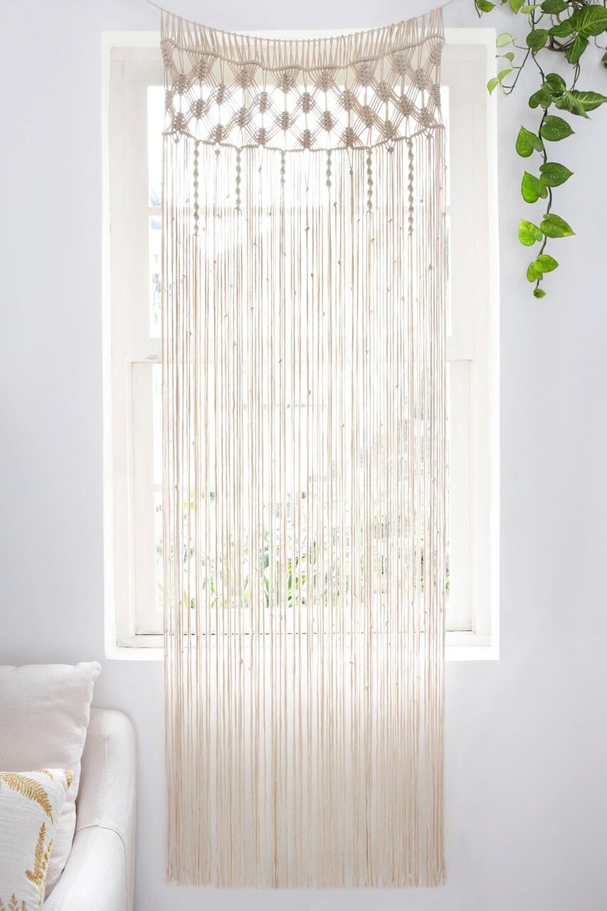 Macrame Boho Curtain for Door/Window Decoration 29" W x 80" L (Ivory)
